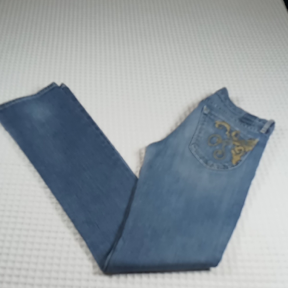 GoldSign Envy Straight Leg Blue Jeans Tan Embroidery Size 26 Made in USA🇺🇸